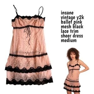 INSANE VTG. Y2K BALLET PINK BLACK LACE MESH SHEER DRESS MEDIUM